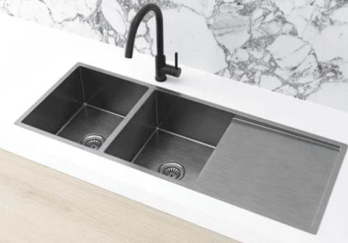 Lavello Nano Coated Stainless Steel Kitchen Sink - 1160 x 440mm Double Bowl with Drainer - Top Under Mount - PVD Gunmetal Black