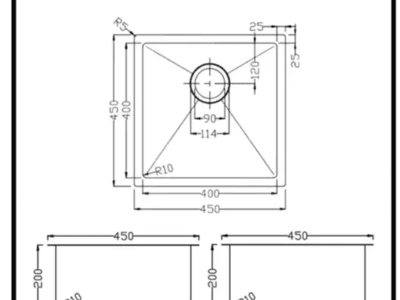 Lavello Nano Coated Stainless Steel Kitchen Sink - 450 x 450mm Single Bowl - Top Under Mount - PVD Brushed Bronze Gold Dimension