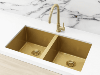 Lavello Nano Coated Stainless Steel Kitchen Sink - 760 x 440mm Double Bowl - Top Under Mount - PVD Brushed Bronze Gold