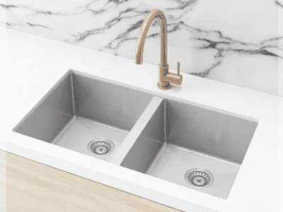 Lavello Nano Coated Stainless Steel Kitchen Sink - 760 x 440mm Double Bowl - Top Under Mount - PVD Brushed Nickel